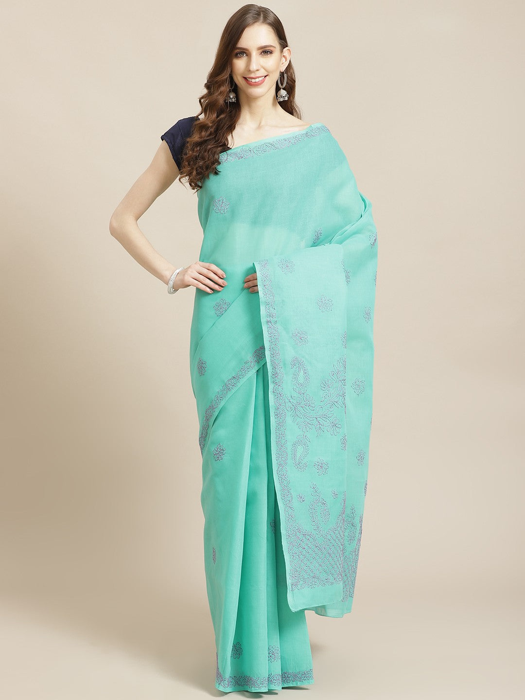 Ada Hand Embroidered Sea Green Cotton Lucknow Chikan Saree With Blouse-A311219