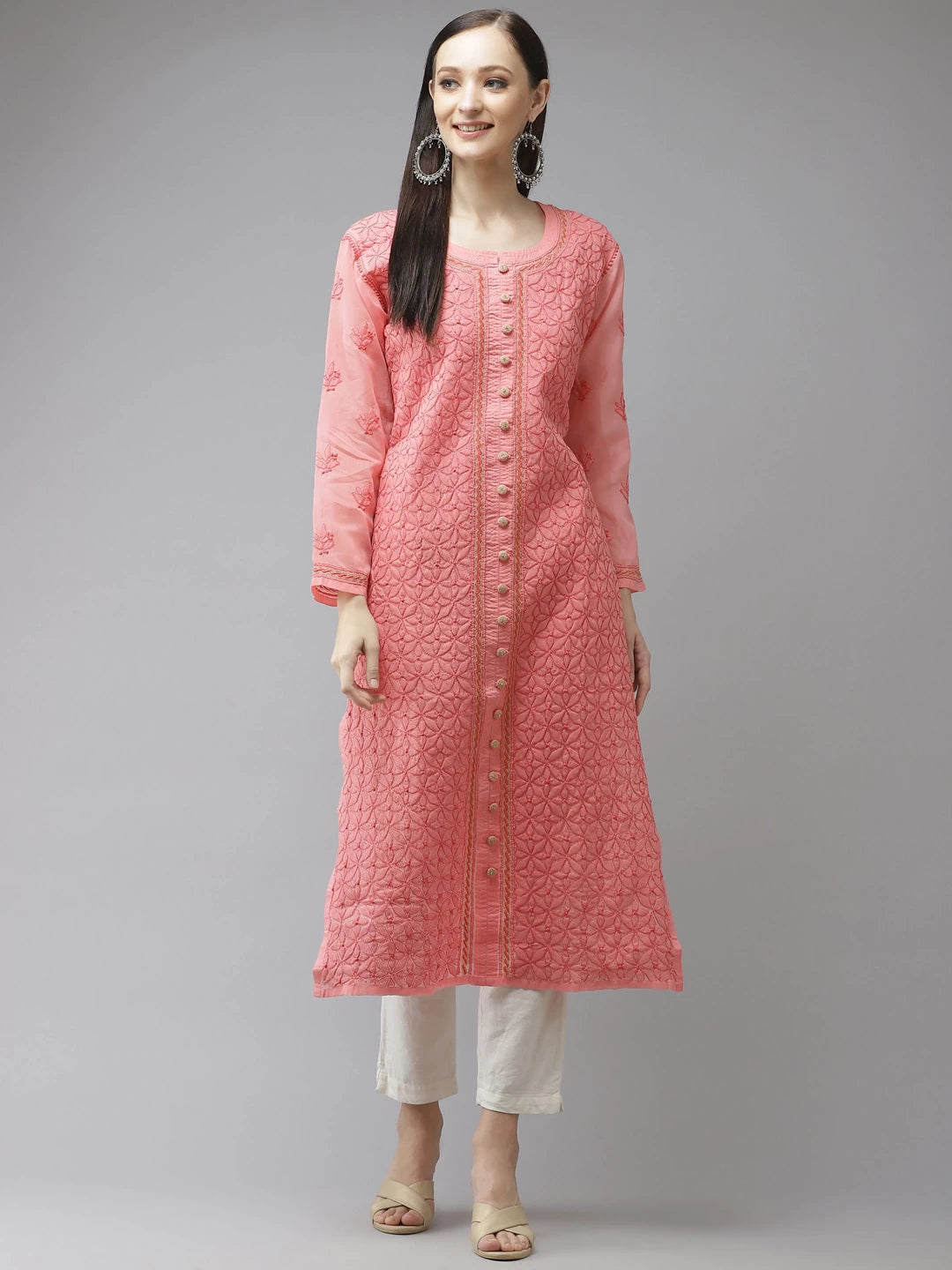 Ada Hand Embroidered Carrot Pink Cotton Lucknow Chikan Kurta A411317