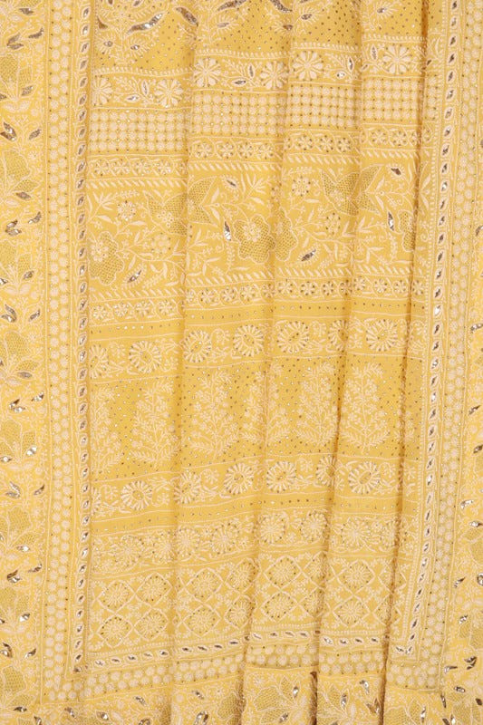 Ada Hand Embroidered Yellow Pure Georgette Lucknowi Chikankari Saree/Blouse With Muqaish Work A595825
