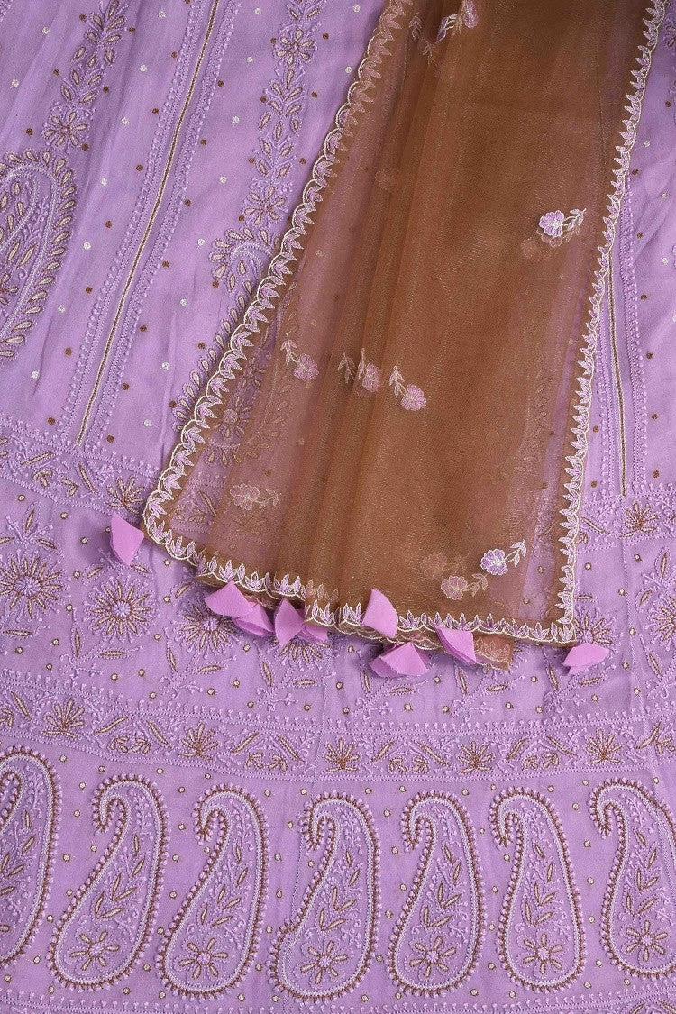 Ada Hand Embroidered Mauve Pure Georgette Lucknowi Chikankari Lehenga Set With Pearl Work A526545