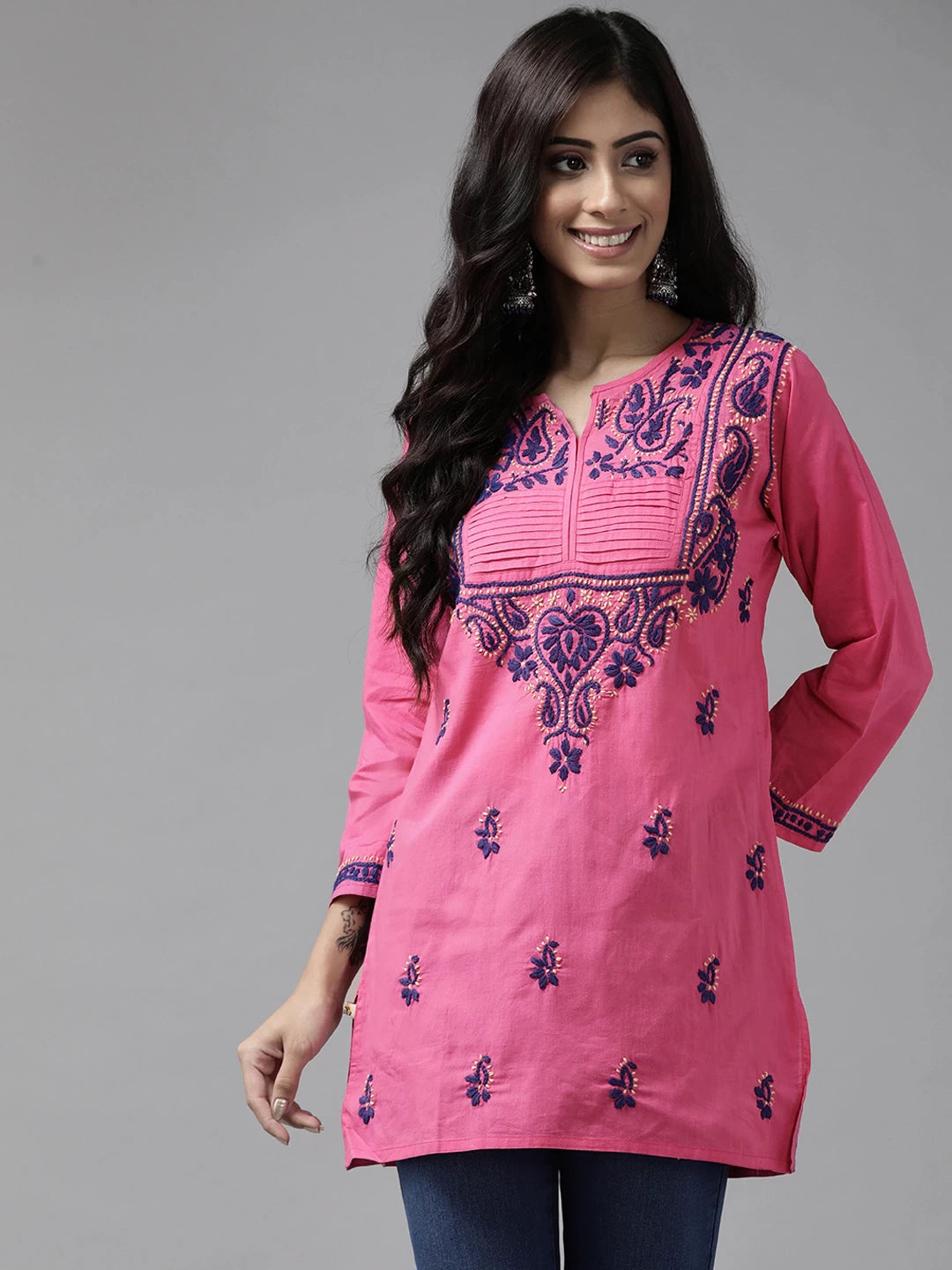 Ada Hand Embroidered Pink Cotton Lucknowi Chikankari Kurti A226697