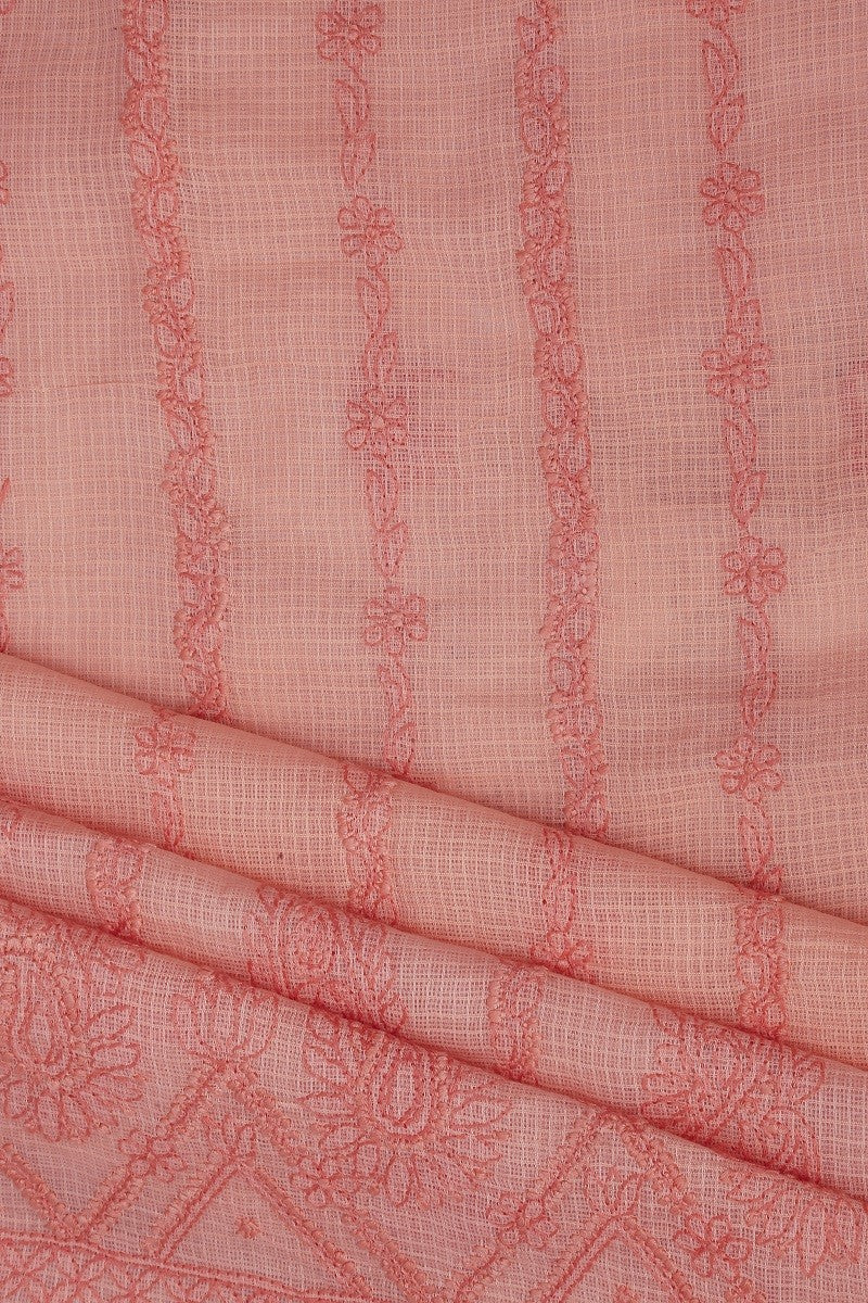 Ada Hand Embroidered Salmon Peach Kota Chikan Unstitched Kurta Dupatta Set- A596886