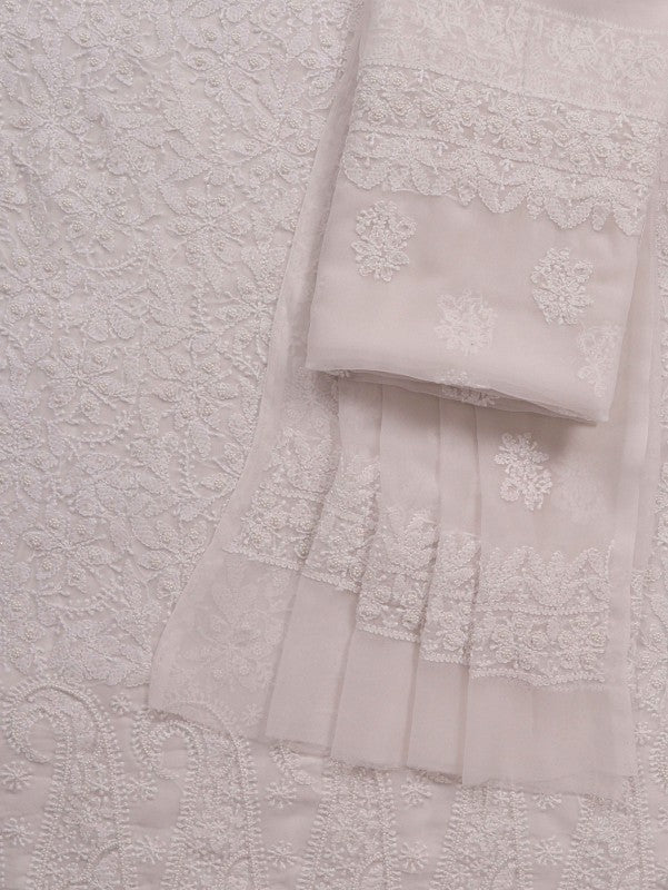 Ada Hand Embroidered White Georgette Lucknowi Chikankari Unstitched Suit Piece with Pearl Work 01A44644