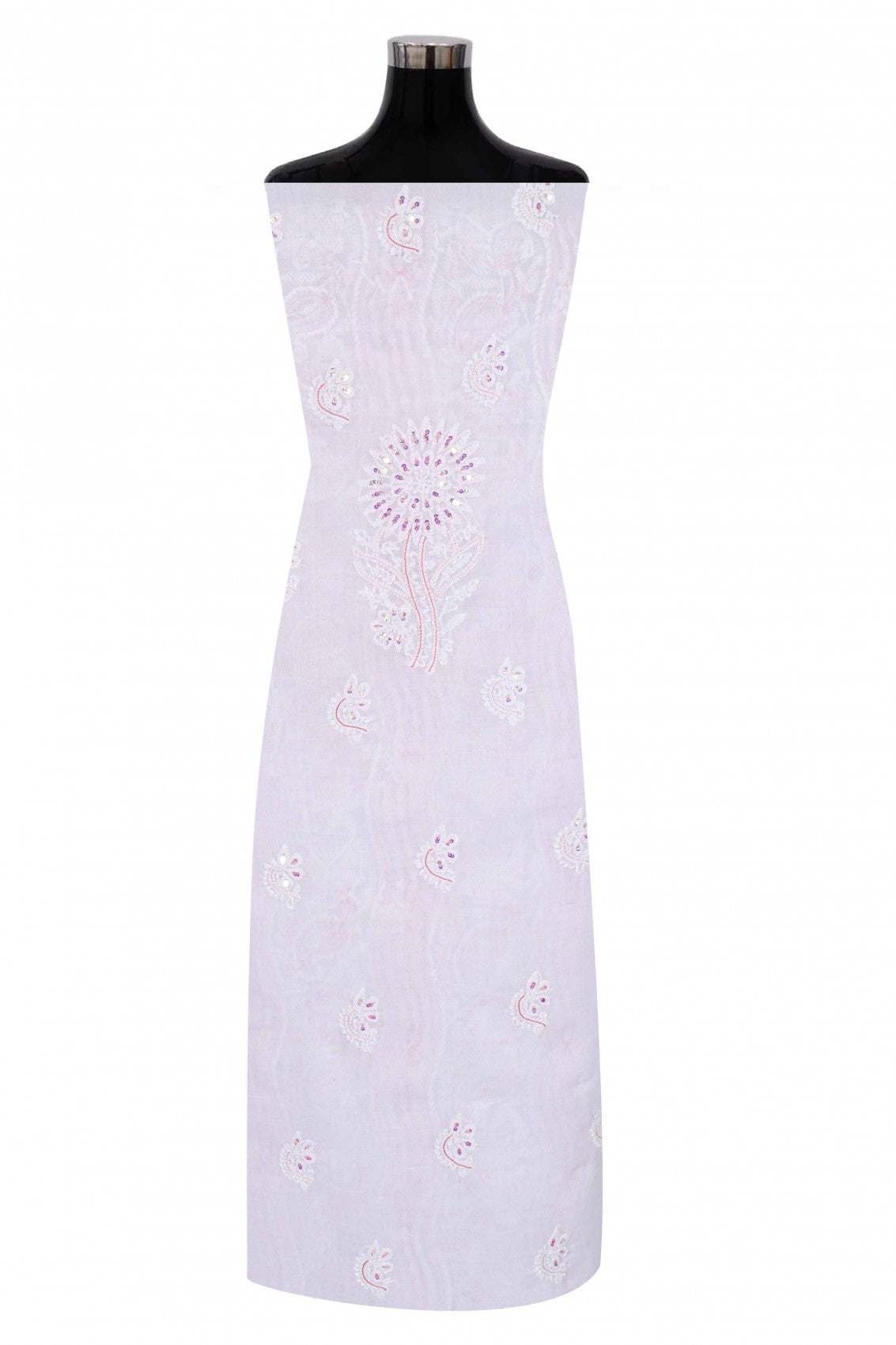 Ada Hand Embroidered White Cotton Lucknowi Chikankari Unstitched Suit Piece With Sequinned Work A100974