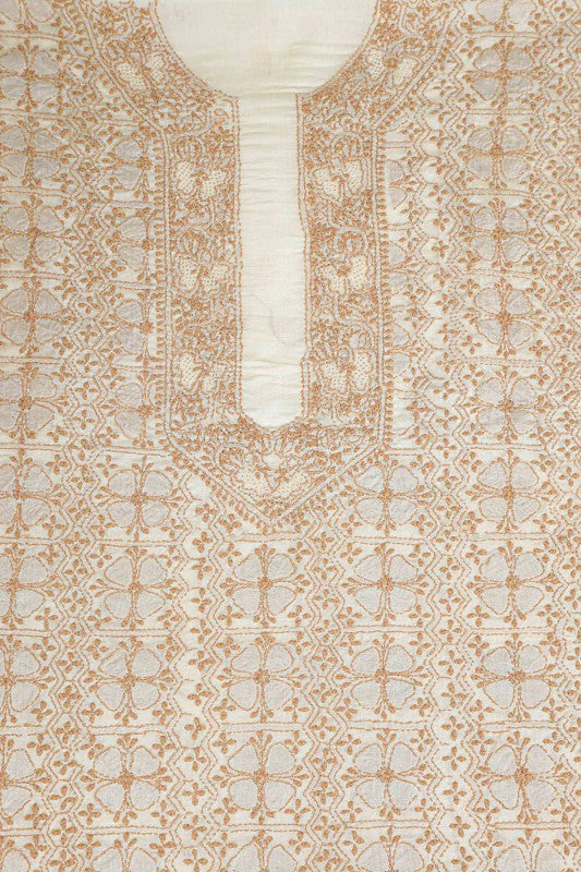 Ada Hand Embroidered Natural Fawn Tussar Silk Lucknowi Chikan Unstitched Kurta Piece A606087