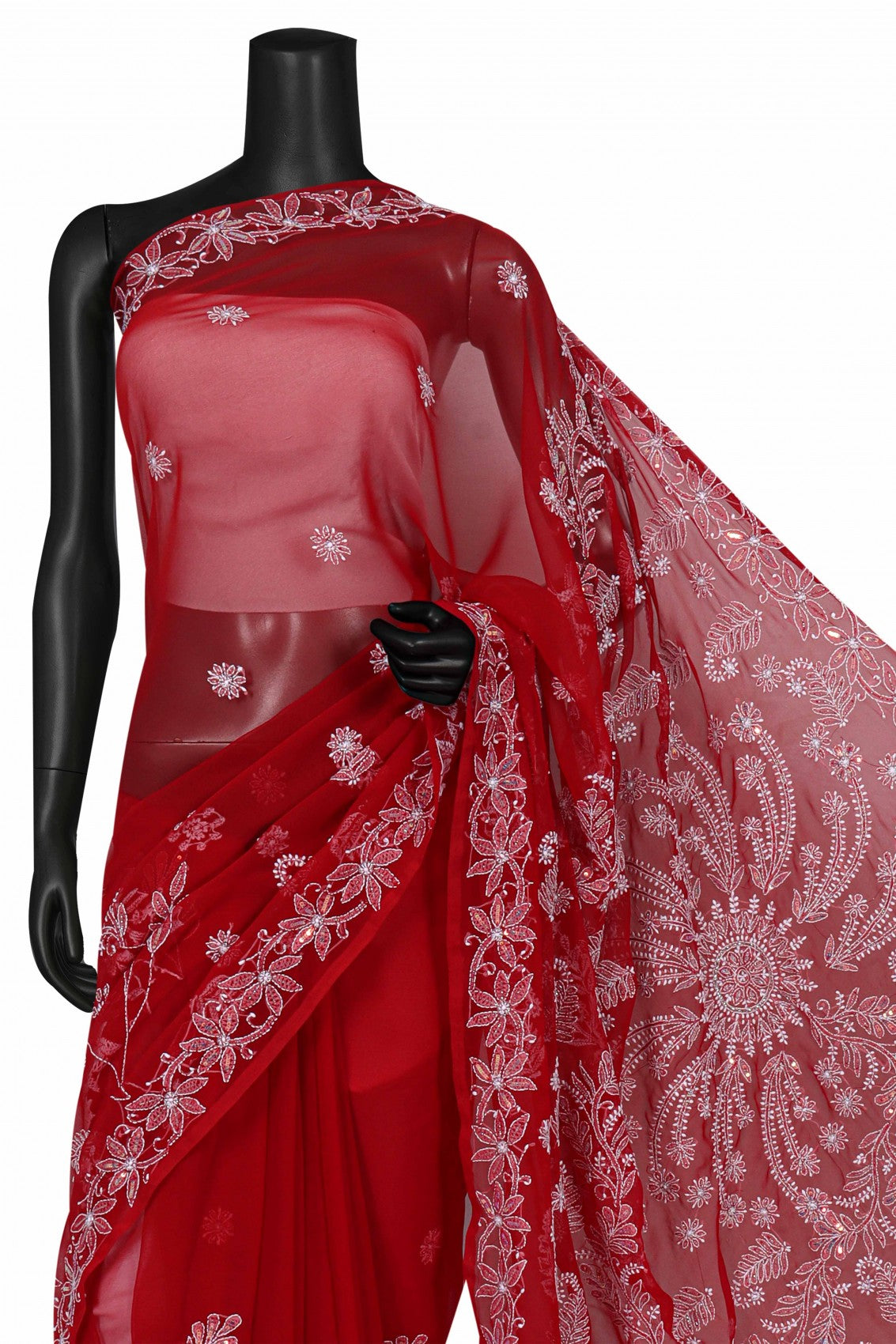 Ada Hand Embroidered Red Georgette Lucknowi Chikankari Saree/Blouse With Cutdana Work 01A194046