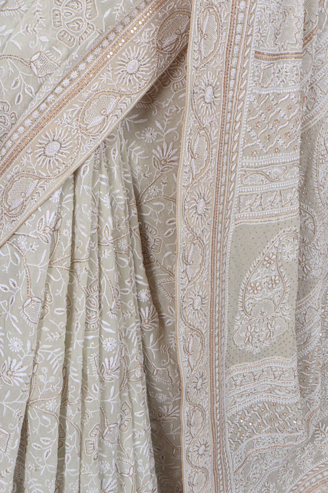 Ada Hand Embroidered Light Pista Green Pure Georgette Lucknowi Chikankari Saree/Blouse With Cutdana Work A619877