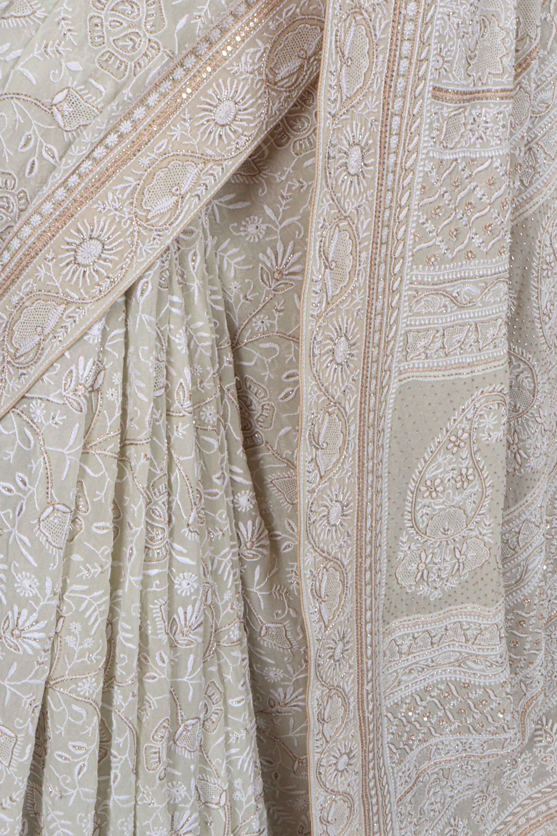 Ada Hand Embroidered Light Pista Green Pure Georgette Lucknowi Chikankari Saree/Blouse With Cutdana Work A619877