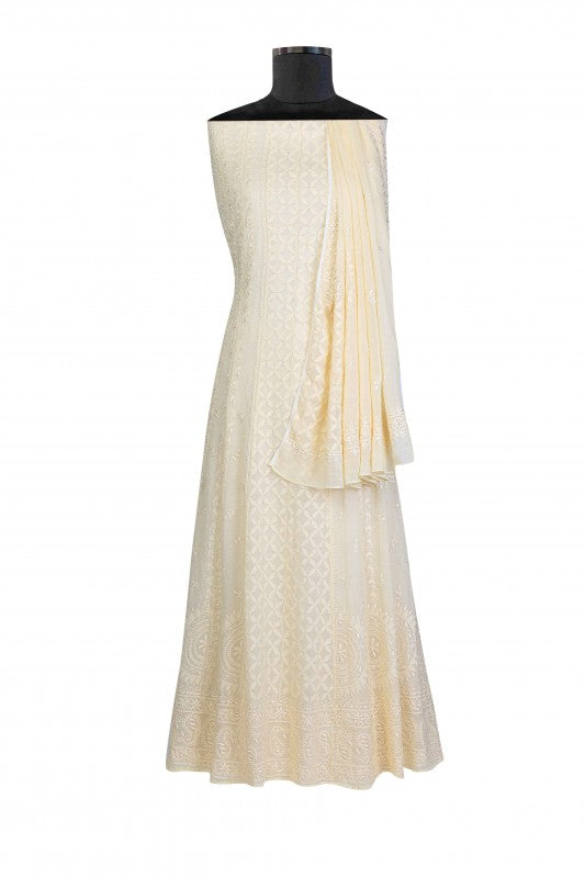 Ada Hand Embroidered Cream Net Semi-stitched Anarkali Kurta Dupatta-A628790