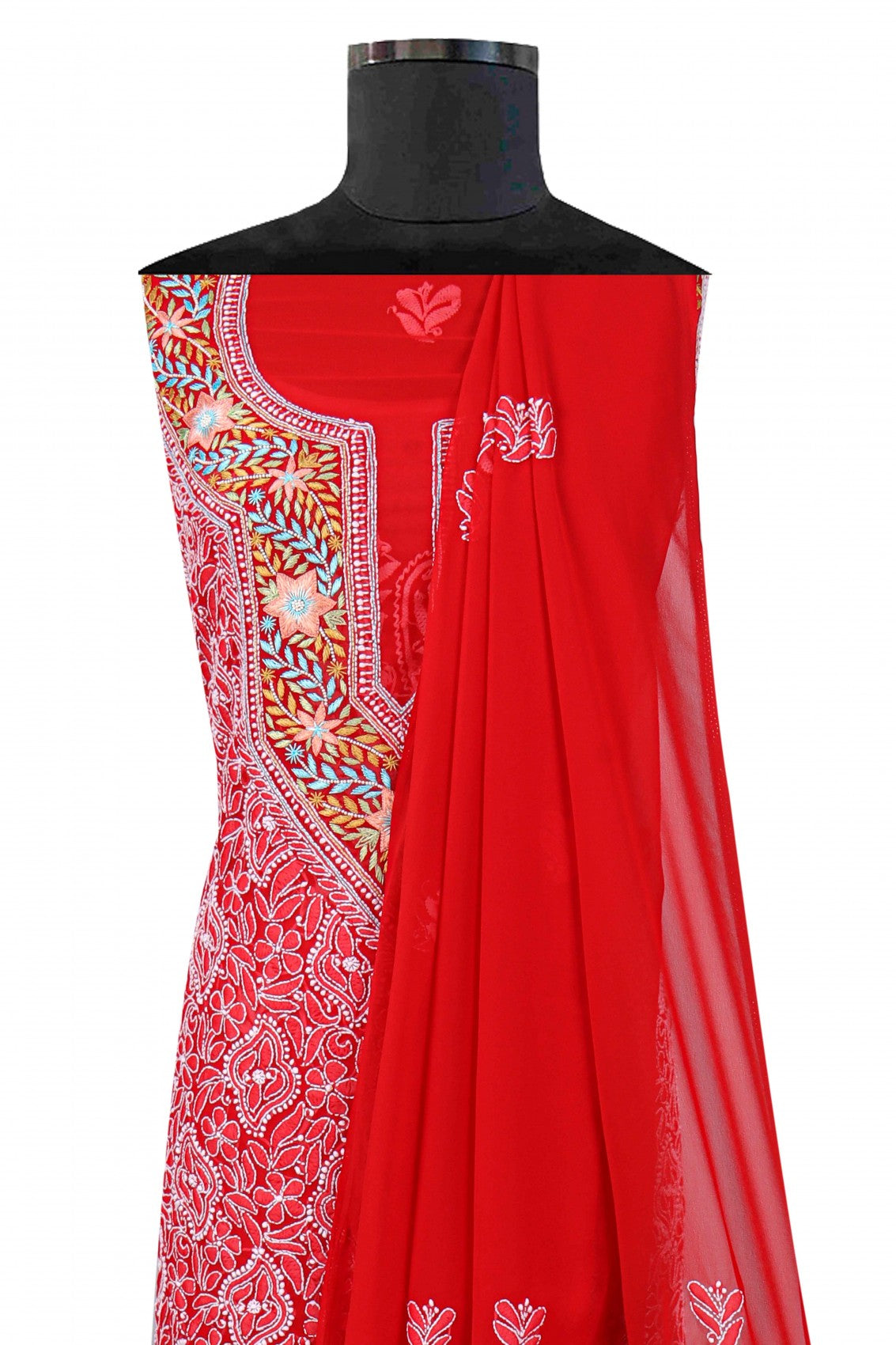 Ada Hand Embroidered Red Georgette Lucknowi Chikankari Unstitched Suit Piece With Pearl Work 01A146081