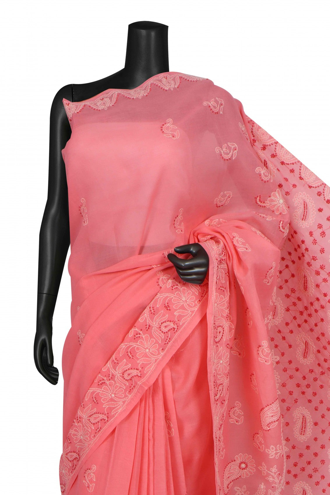 Ada Hand Embroidered Carrot Pink Cotton Lucknowi Chikankari Saree With Blouse A578170