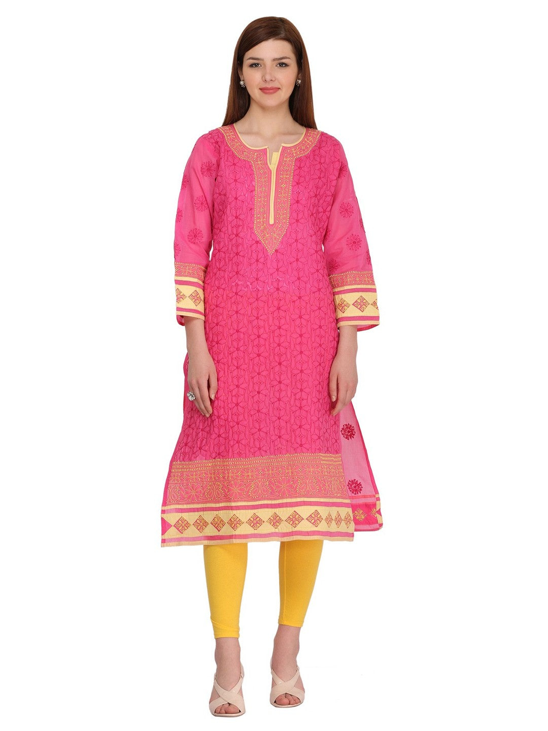 Ada Hand Embroidered Magenta Cotton Lucknowi Chikankari Straight Kurta A273522