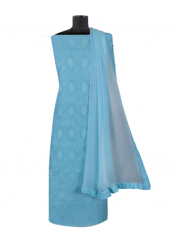 Ada Hand Embroidered Blue Cotton Lucknowi Chikankari Unstitched Suit Piece 01A193629