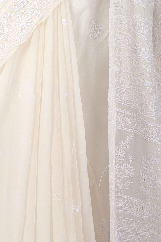 Ada Hand Embroidered White Pure Georgette Lucknowi Chikankari Saree with Blouse A631928
