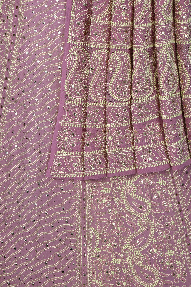 Ada Hand Embroidered Lilac Mauve Shaded Pure Georgette Lucknowi Chikankari Lehenga Set With Muqaish Work A610155