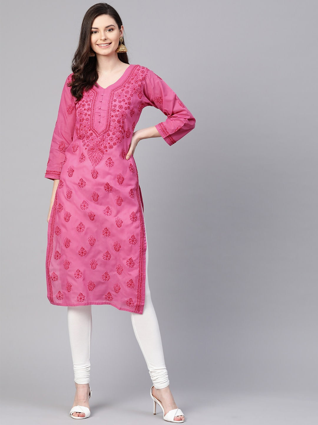 Ada Hand Embroidered Magenta Cotton Lucknowi Chikankari Straight Kurta A100364