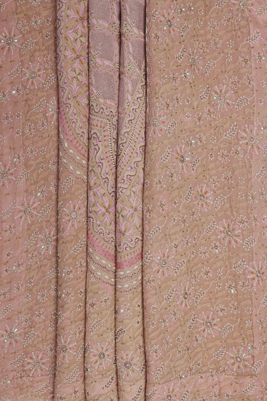 Ada Hand Embroidered Dusty Pink/ Onion Pink Pure Georgette Lucknowi Chikankari Saree/Blouse With Sequinned & Pearl Work- A49688