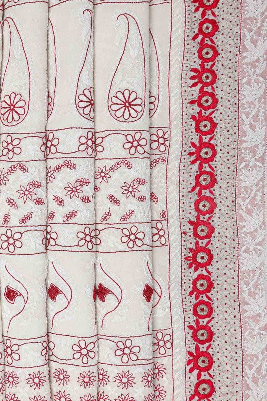 Ada Hand Embroidered Blossom White Pure Georgette Lucknowi Chikankari Saree- A72779