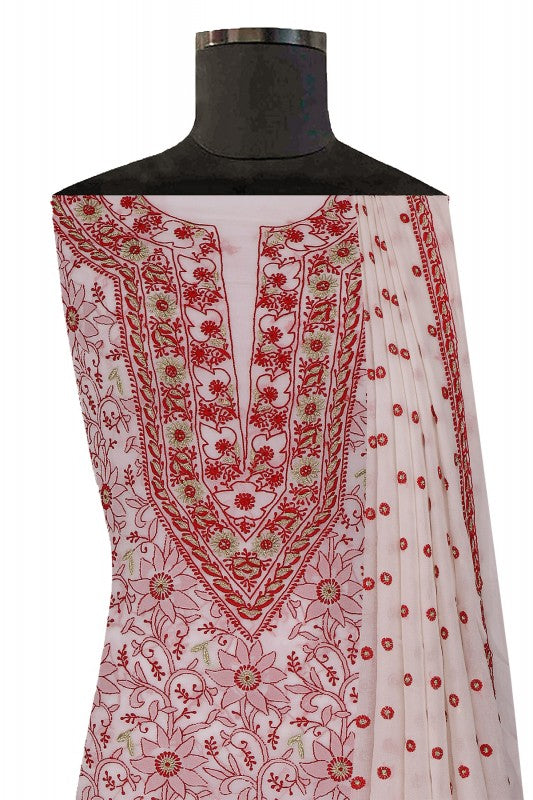 Ada Hand Embroidered White Pure Georgette Lucknowi Chikan Unstitched Kurta Dupatta Set A154970