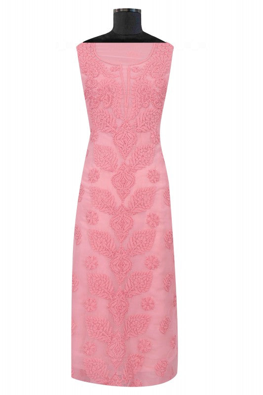 Ada Hand Embroidered Peach Georgette Lucknowi Chikan Unstitched Suit Piece A211219