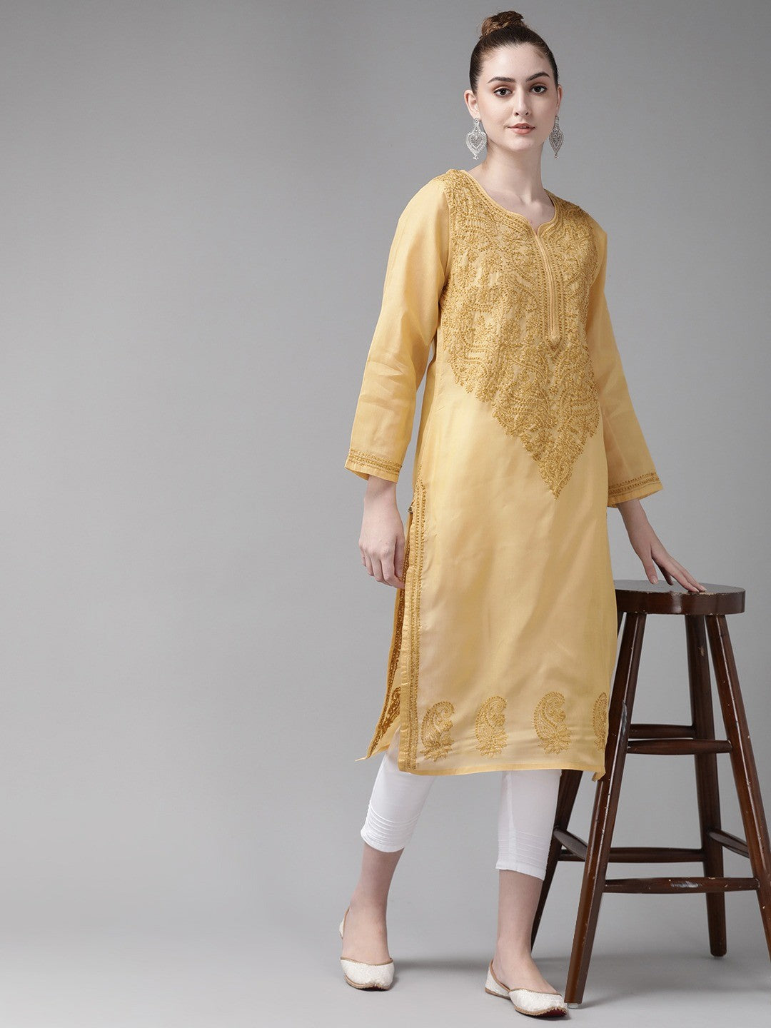 Ada Hand Embroidered Fawn Cotton Lucknowi Chikankari Straight Kurta Set A811189