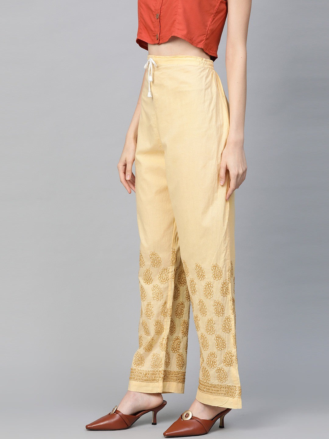 Ada Hand Embroidered Fawn Cotton Lucknowi Chikankari Palazzo A711116