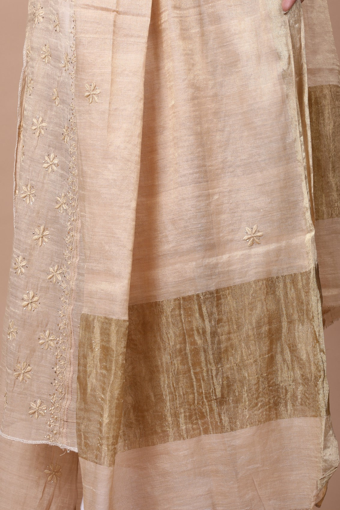 Ada Hand Embroidered Natural Fawn Tissue Lucknowi Chikankari Semi-stitched Kurta Dupatta Set With Muqaish Work 01A111783