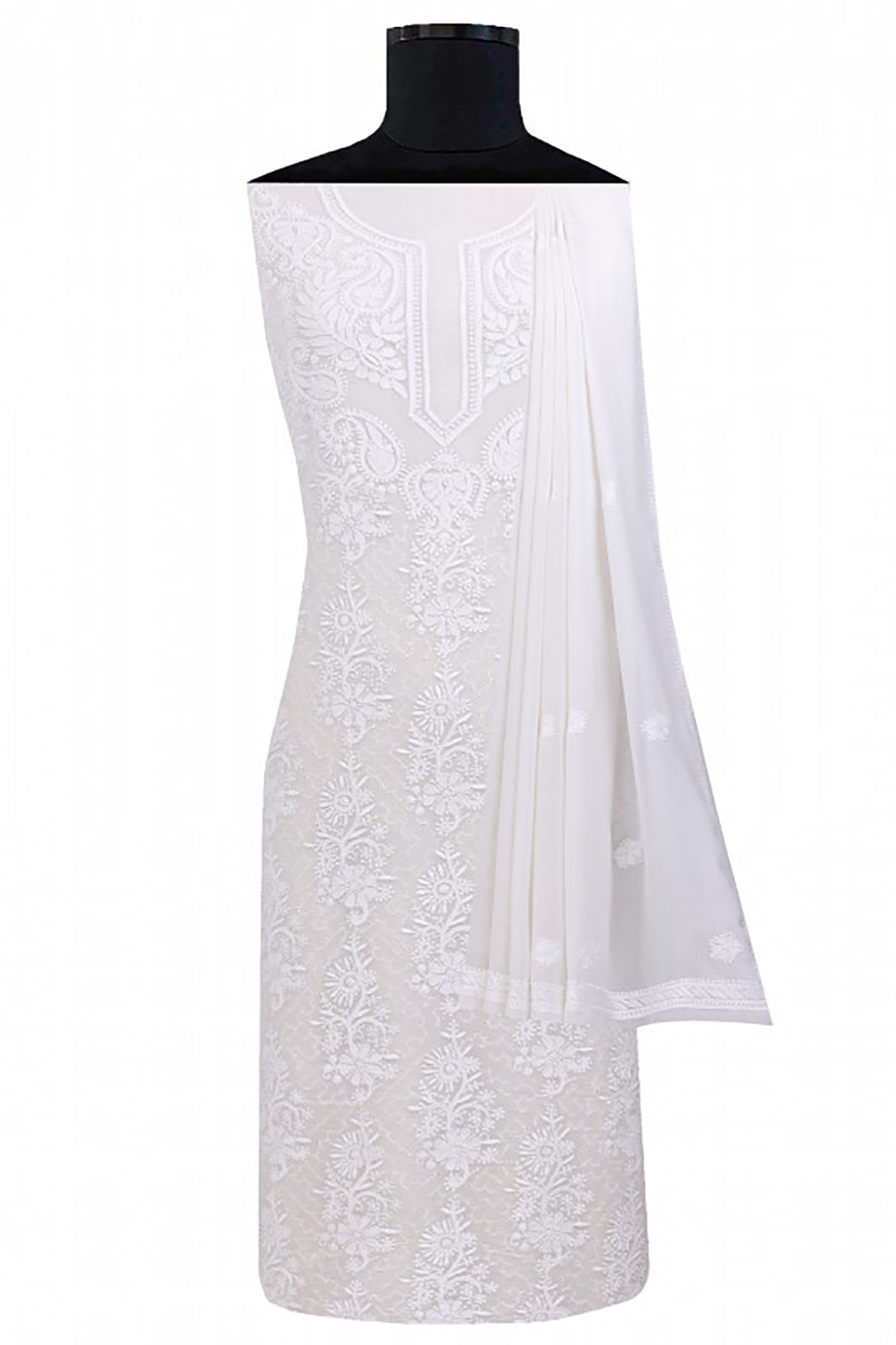 Ada Hand Embroidered White Pure Georgette Lucknowi Chikankari Unstitched Kurta Dupatta Set A593630