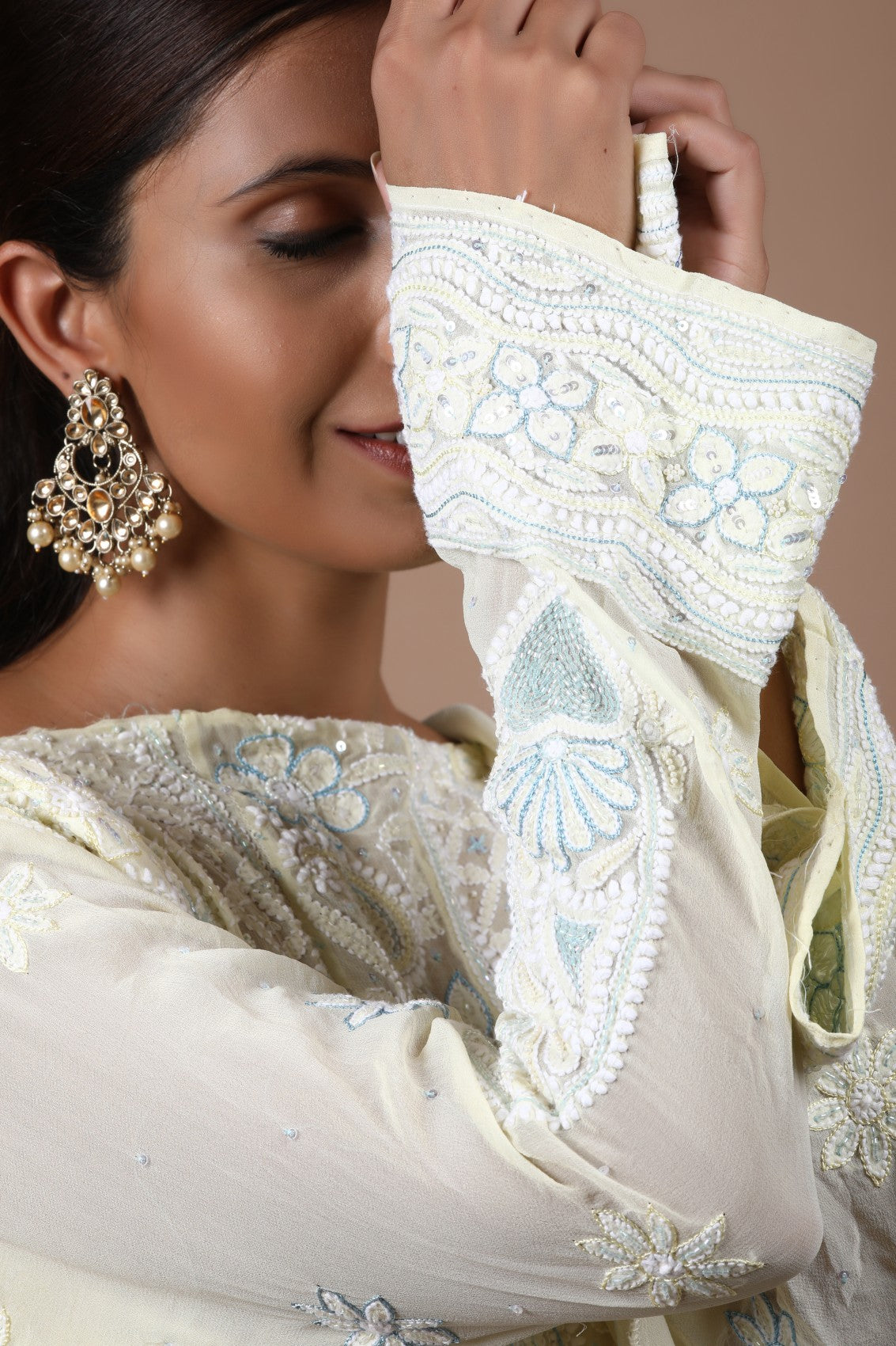 Ada Hand Embroidered Dual Shade Lemon And Blue Pure Georgette Lucknowi Chikankari Semi-Stitched Anarkali Kurta Dupatta Set With Cutdana Work 01A255942