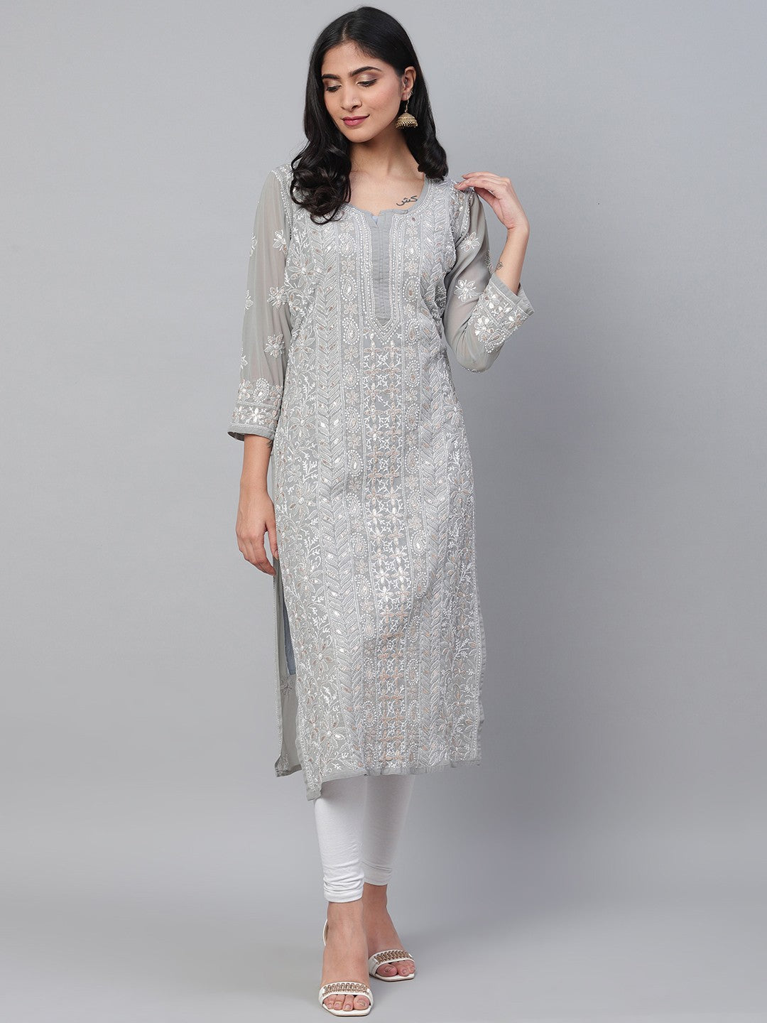 Ada Hand Embroidered Grey Georgette Lucknow Chikankari Straight Kurta/Slip with Gota patti Work A411115