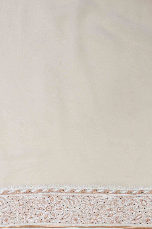 Ada Hand Embroidered Macaroon Cream Pure Georgette Lucknow Chikan Saree/Blouse With Muqaish Work- A61316