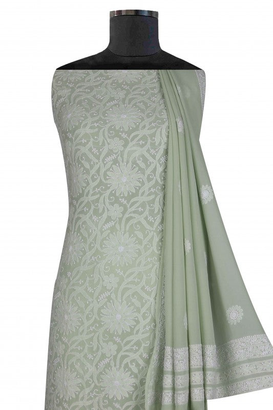 Ada Hand Embroidered Pista Green Pure Georgette Lucknowi Chikan Unstitched Kurta Dupatta Set A586390