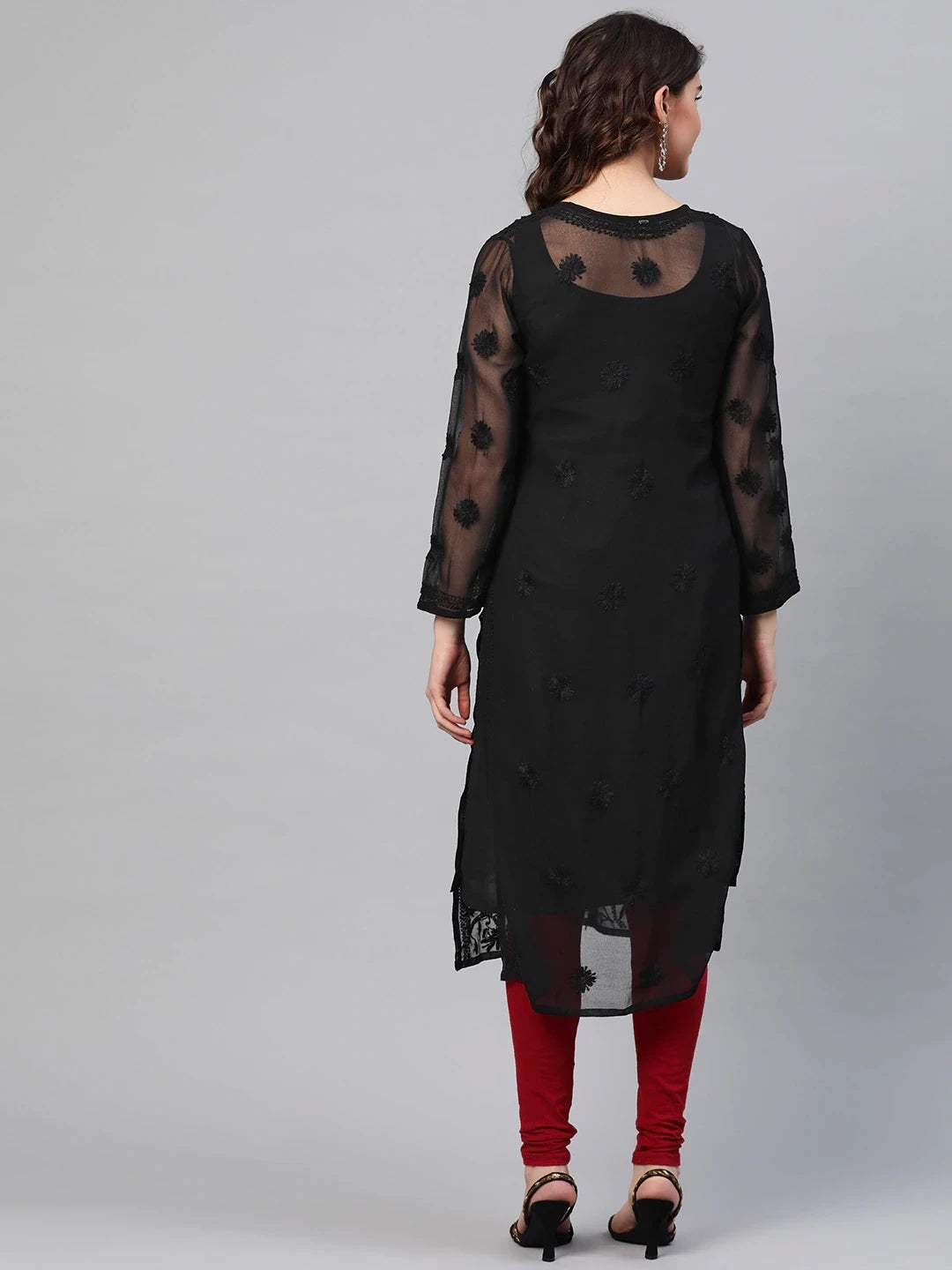 Ada Hand Embroidered Black Georgette Lucknow Chikankari Straight Kurta with Slip A200509