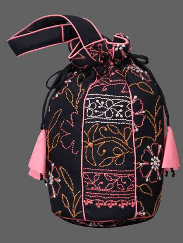 Ada Hand Embroidered Black Chanderi Lucknow Chikankari Potli A533695