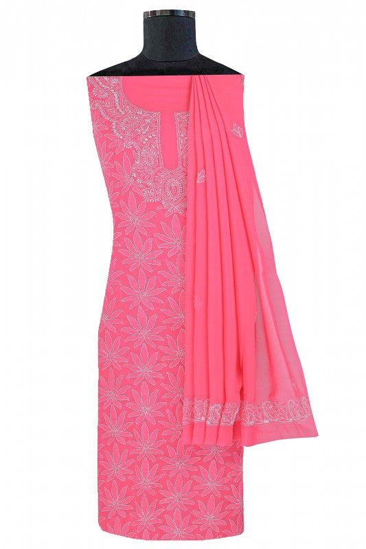 Ada Hand Embroidered Pink Georgette Lucknowi Chikan Unstitched Kurta Dupatta Set A333871