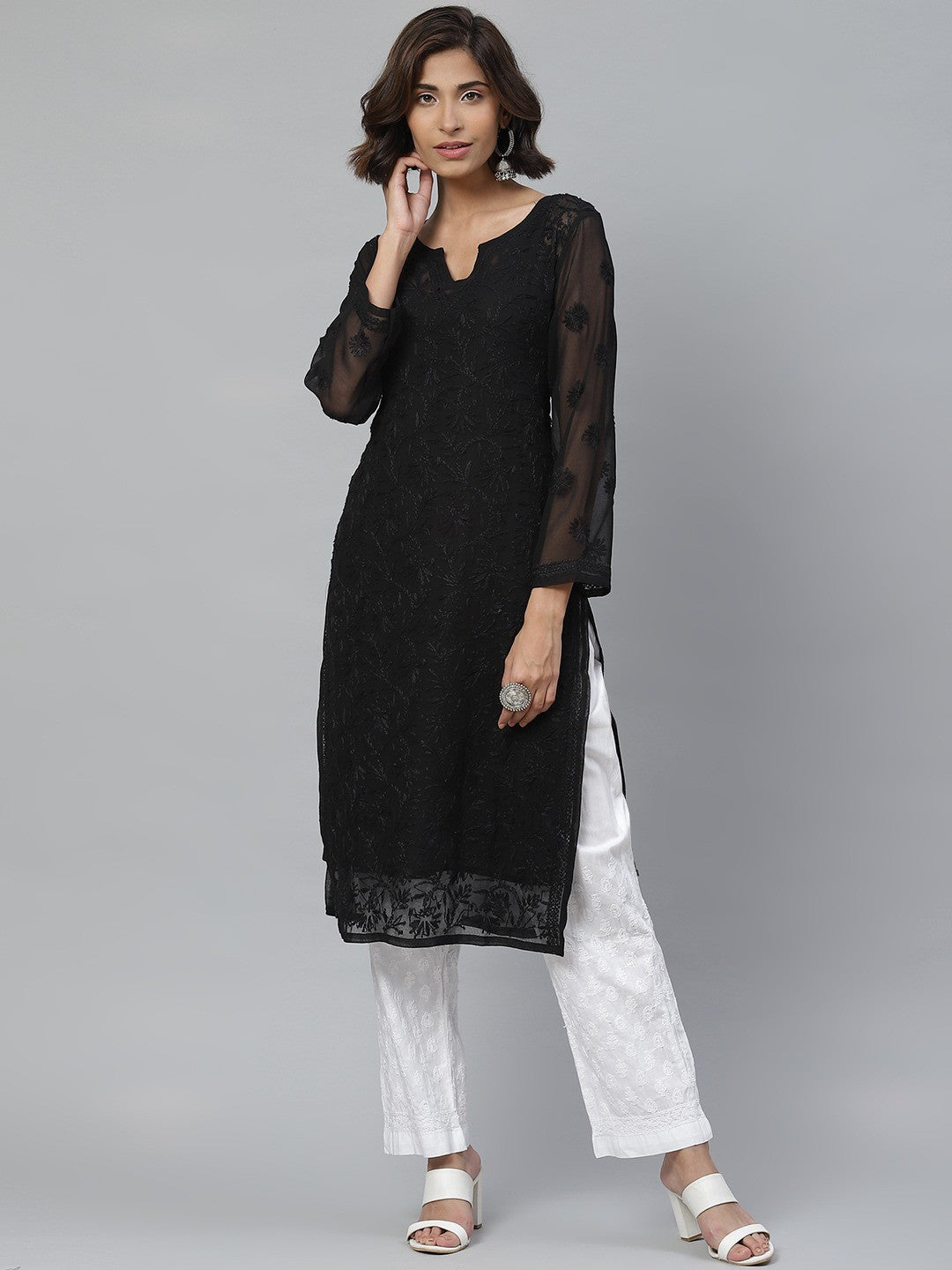 Ada Hand Embroidered Black and White Georgette Lucknowi Chikankari Kurta Set with Slip A811122