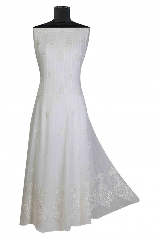 Ada Hand Embroidered White Organic Bamboo Semi-Stitched Anarkali Kurta Dupatta Set A597307