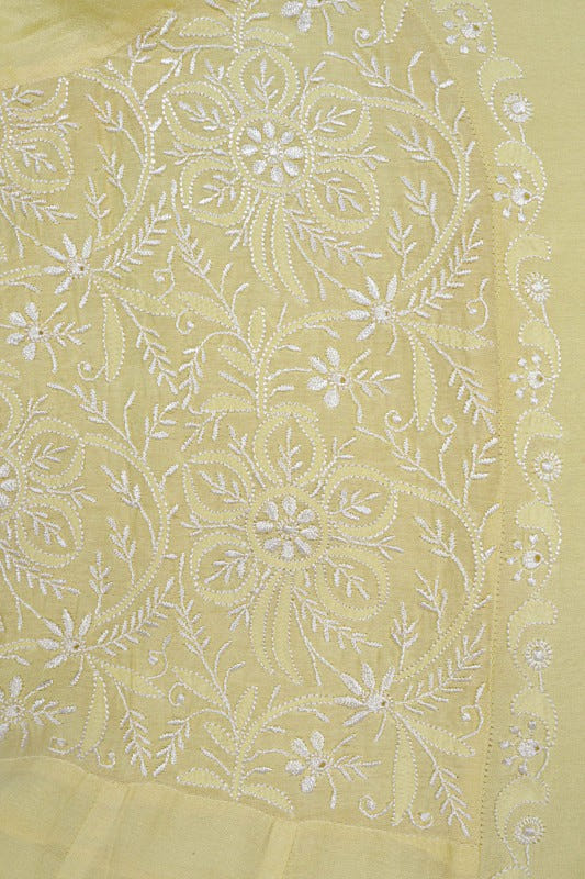 Ada Hand Embroidered Lemon Chanderi Lucknowi Chikankari Semi-Stitched Anarkali Kurta Dupatta Set 01A22105