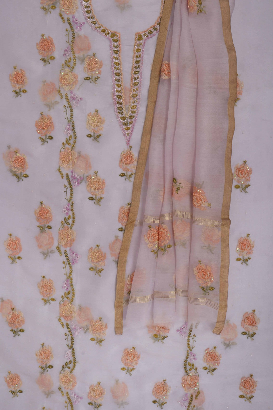 Ada Hand Embroidered Light Mauve Organza Lucknowi Chikankari Unstitched Kurta Dupatta Set With Pearl Work 01A140637