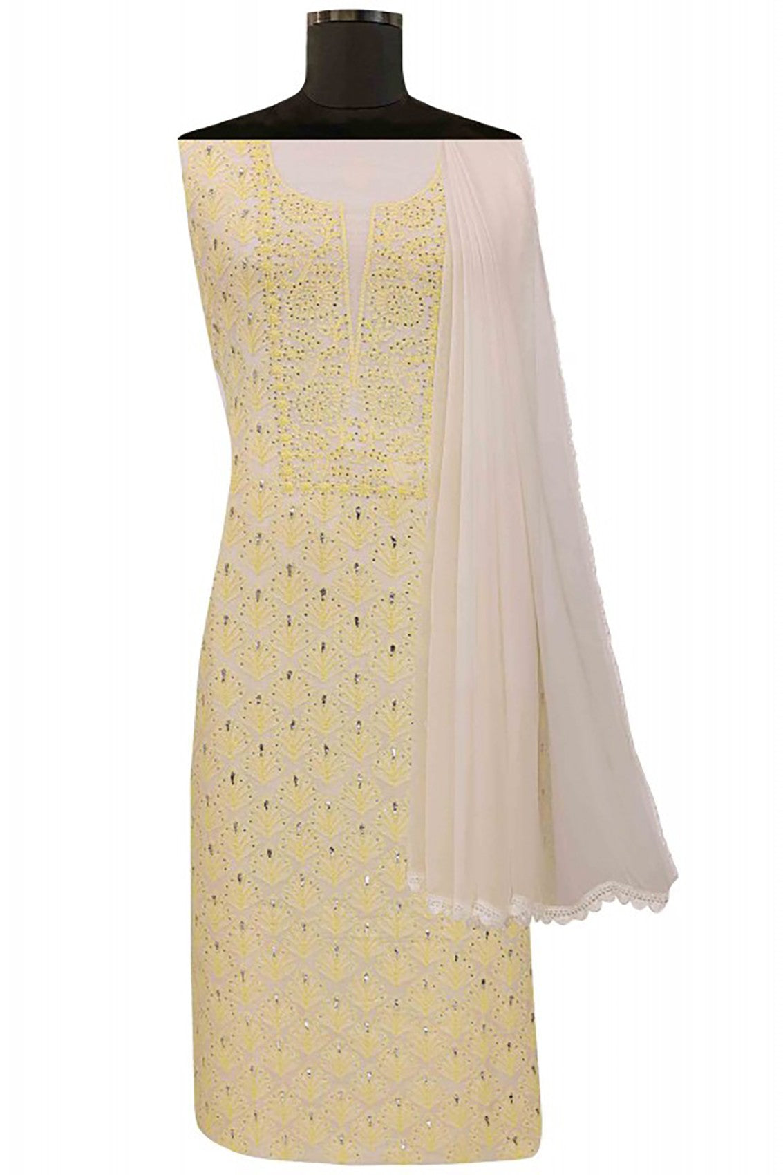 Ada Hand Embroidered Cream Chanderi Lucknowi Chikankari Unstitched Suit Piece With Muqaish Work A457113