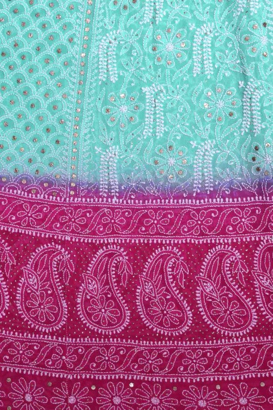 Ada Hand Embroidered Magenta/Sea Green Shaded Pure Georgette Lucknowi Chikankari Lehenga Set With Muqaish Work-A574888