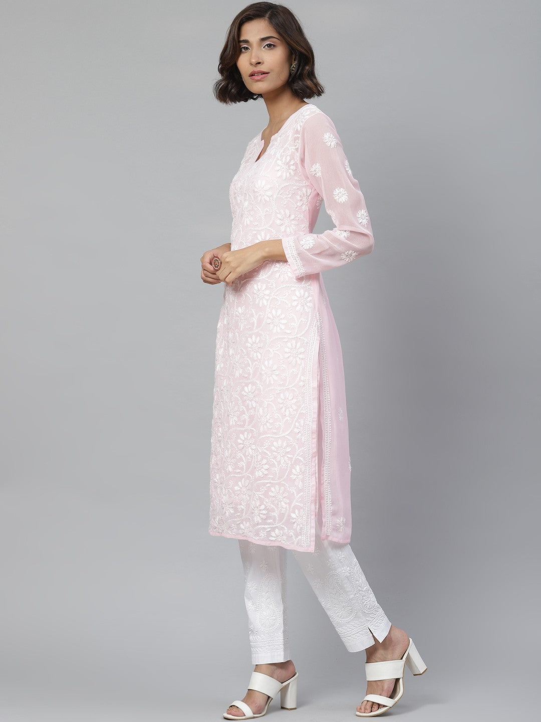 Ada Hand Embroidered Pink and White Georgette Lucknowi Chikankari Kurta Set with Slip A811121