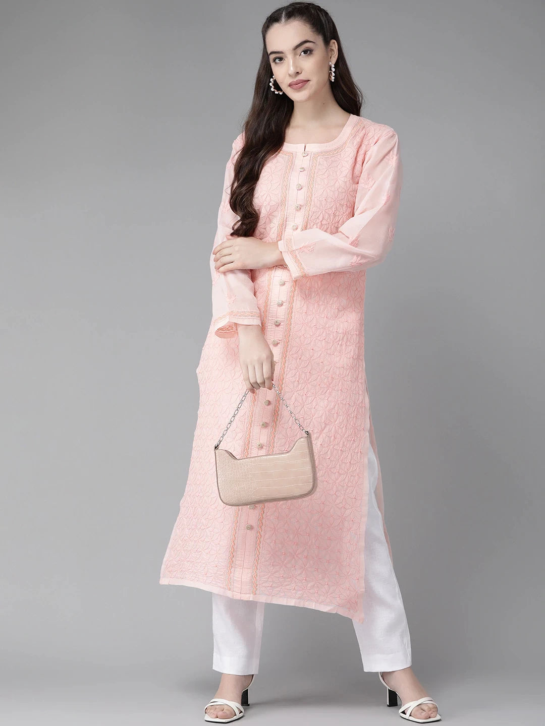 Ada Hand Embroidered Peach Cotton Lucknow Chikan Straight Kurta-A411249