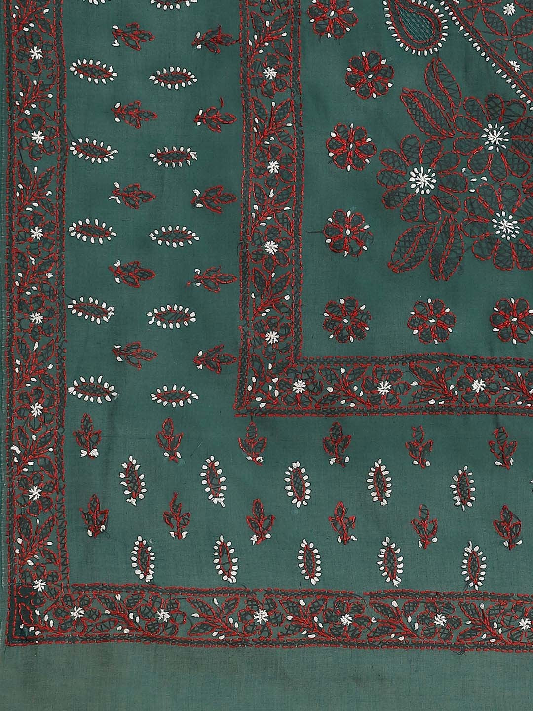Ada Hand Embroidered Green Cotton Lucknow Chikan Saree With Blouse-A311208