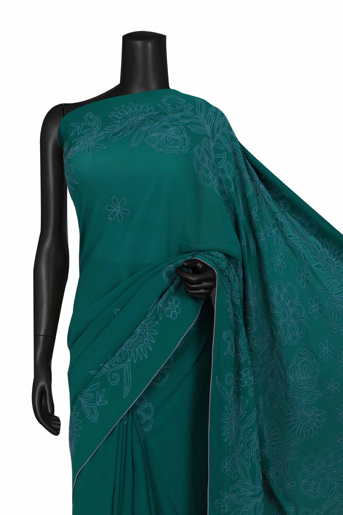 Ada Hand Embroidered Dark Green Pure Georgette Lucknowi Chikankari Saree with Blouse 01A100068