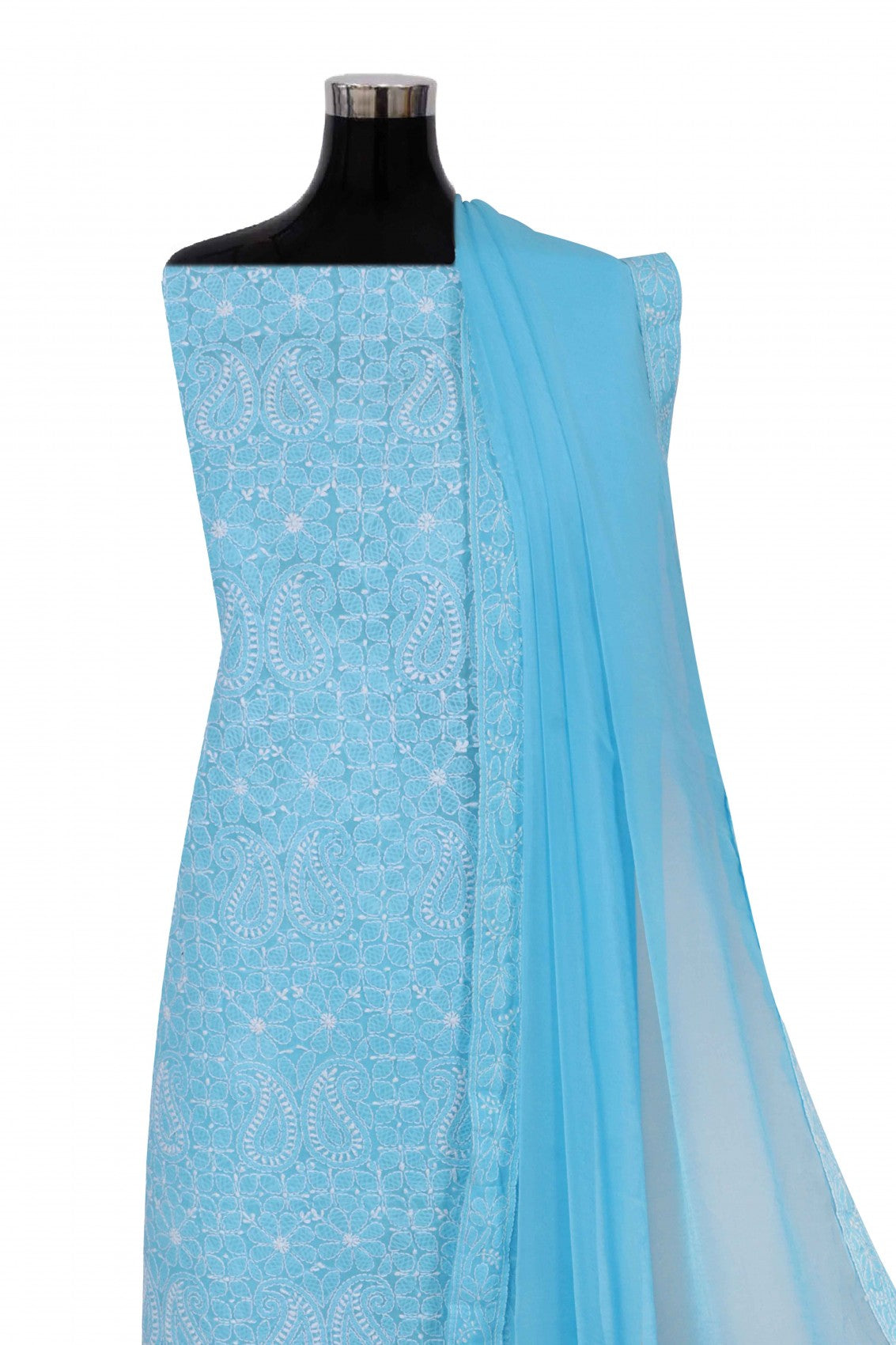 Ada Hand Embroidered Sky Blue Cotton Lucknowi Chikan Unstitched Suit Piece A495590