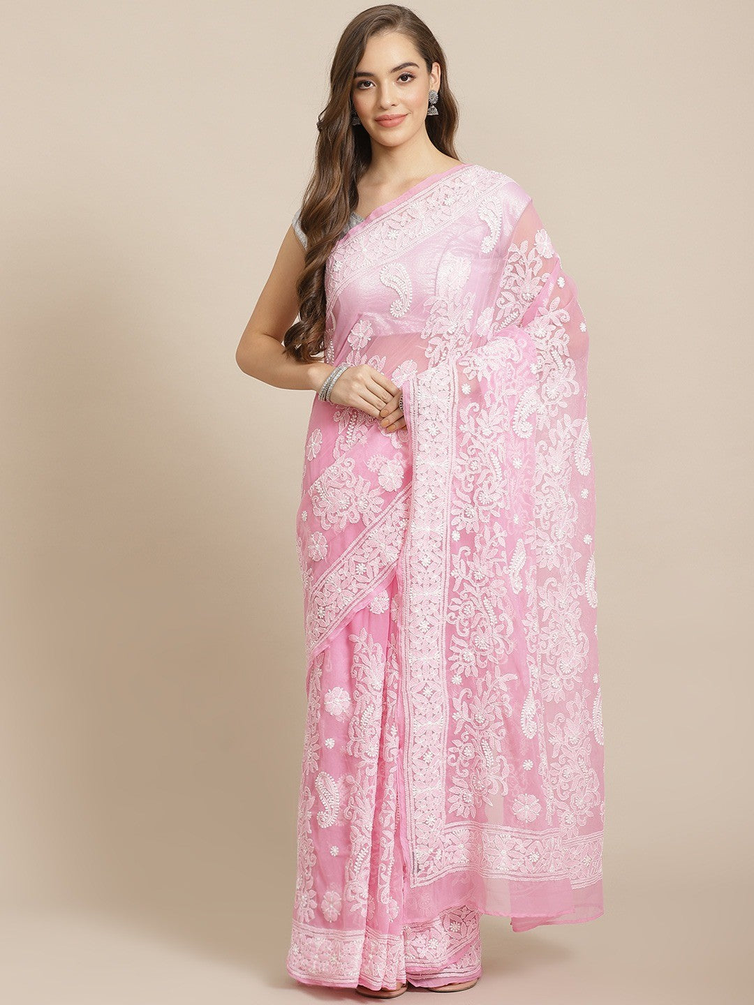 Ada Hand Embroidered Pink Georgette Lucknow Chikan Saree with Blouse A311295