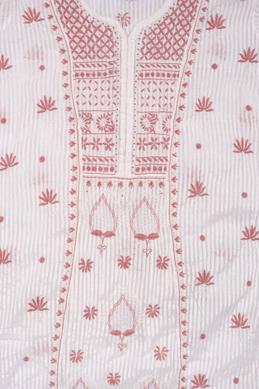 Ada Hand Embroidered White Chanderi Lucknowi Chikankari Unstitched Anarkali Kurta Dupatta Set 01A138196