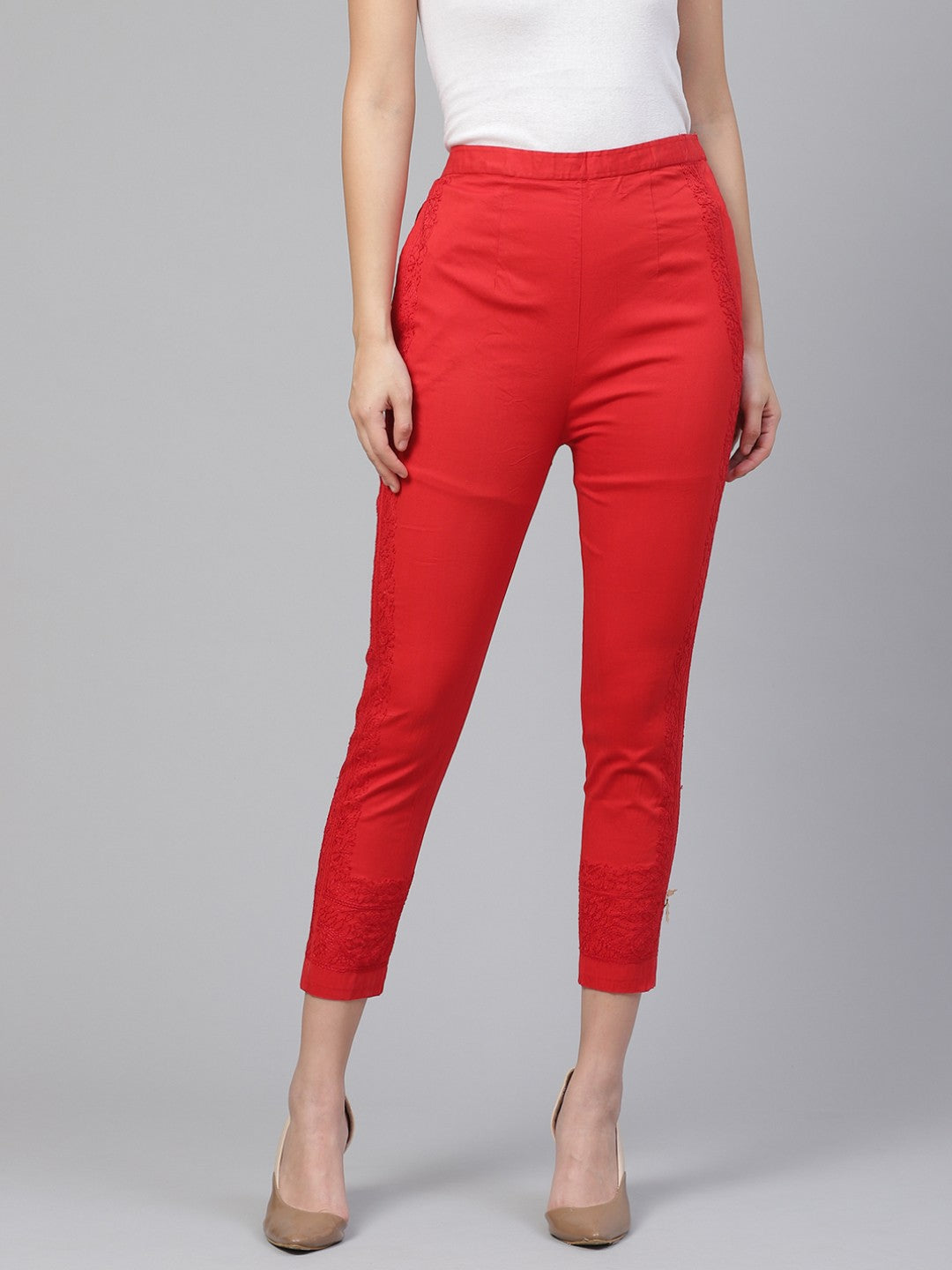 Ada Hand Embroidered Red Cotton Lucknowi Chikankari Trouser A203523