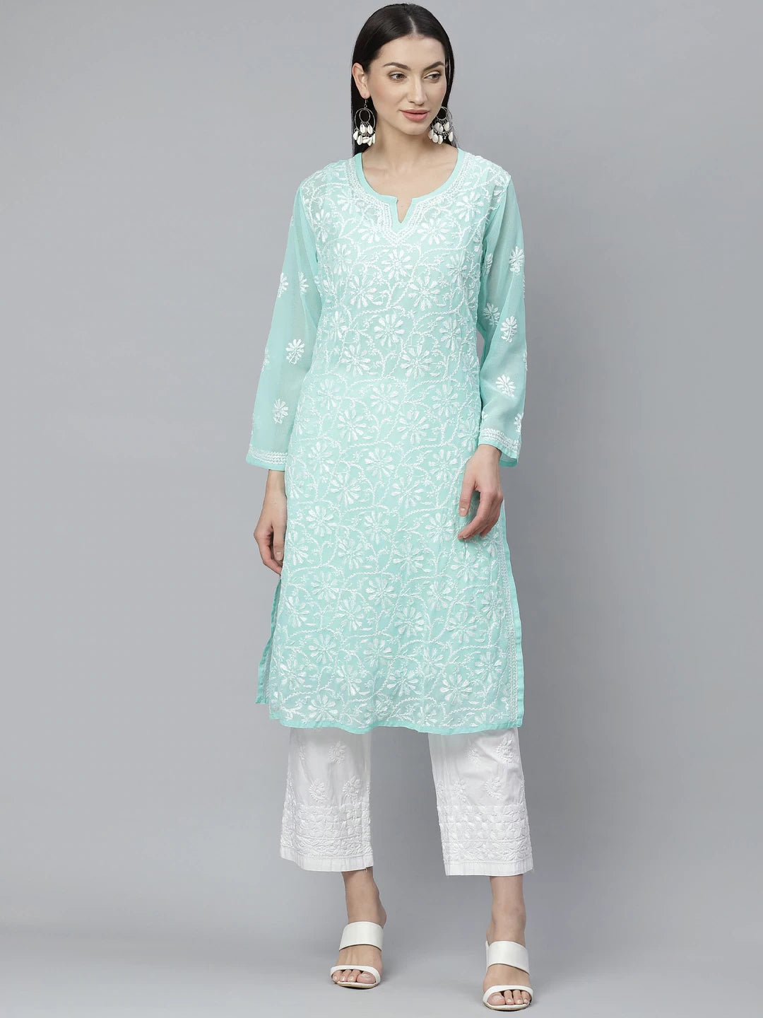 Ada Hand Embroidered Sea Green Georgette Lucknowi Chikankari Kurta Palazzo Set With Slip A811142